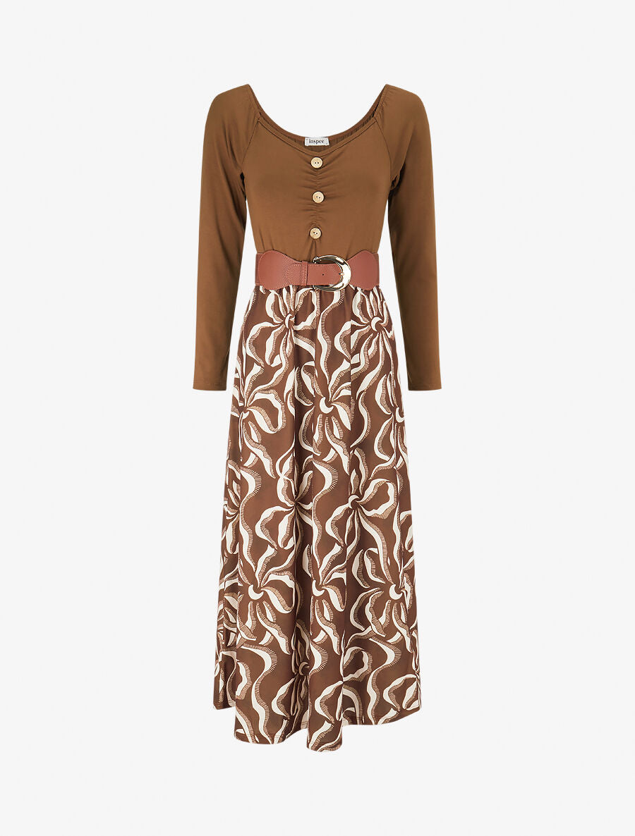 Robe évasée à jupe imprimée - Marron - 4