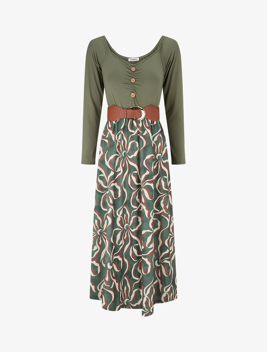 Robe évasée à jupe imprimée - Kaki - 4