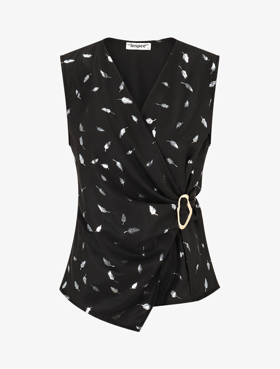 Top droit sans manches flocage plumes irisées - Noir - 1