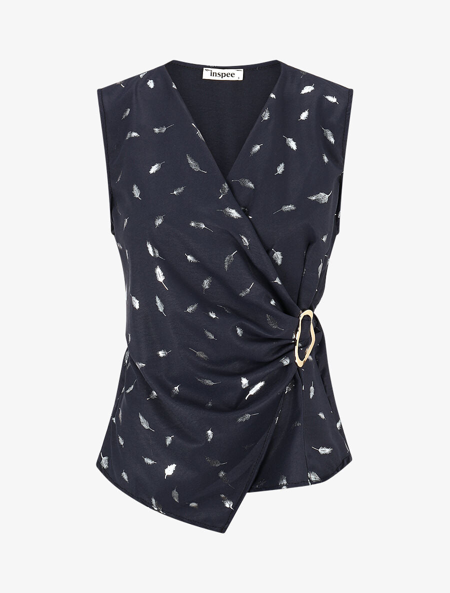 Top droit sans manches flocage plumes irisées - Marine - 1