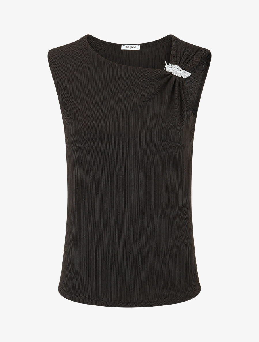 Top droit sans manches à broche plume - Noir - 1