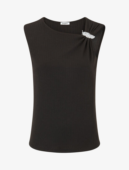 Top droit sans manches à broche plume - Noir - 1