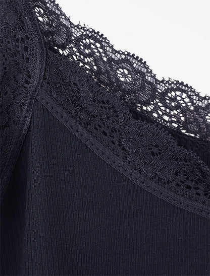 Débardeur côtelé à bretelles en dentelle - Marine - 3