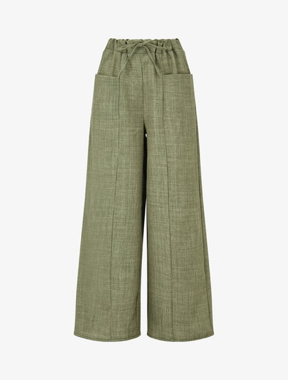 Pantalon élastiqué uni à poches plaquées - Kaki - 1