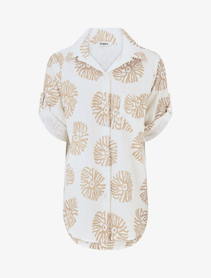 Chemise à manches retroussables imprimé anémones - Camel - 1