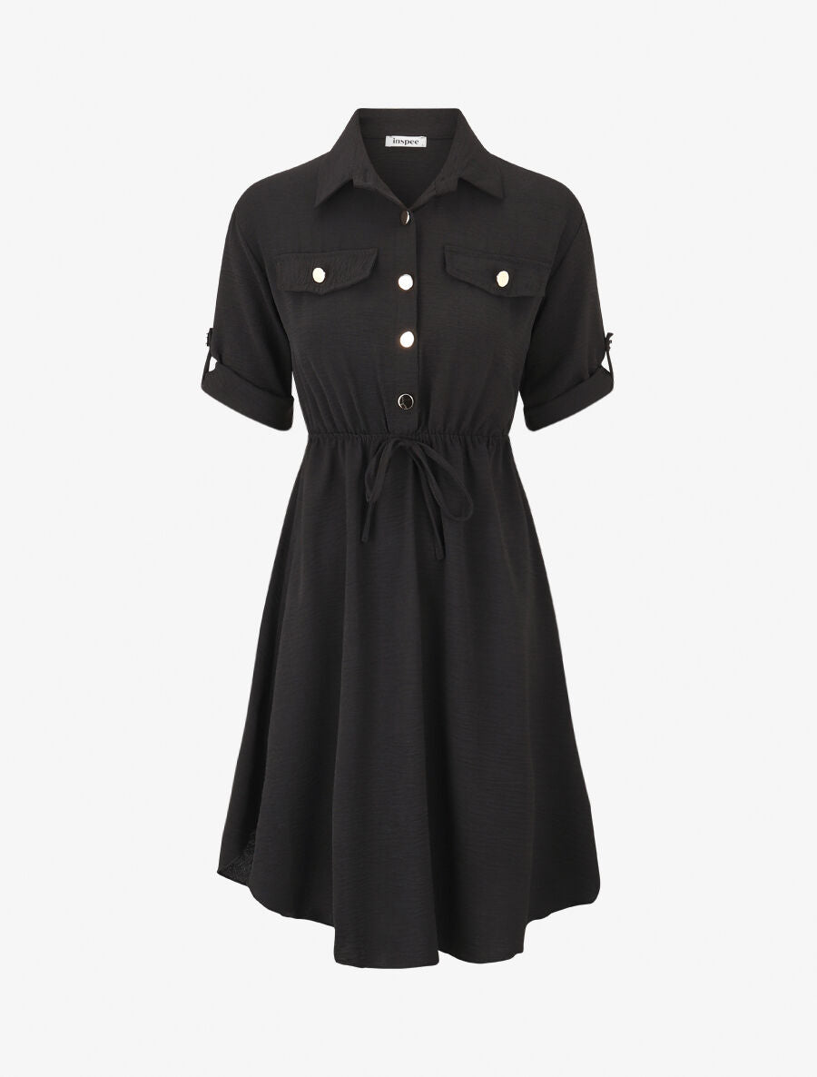 Robe mi-longue unie élastiquée - Noir - 1