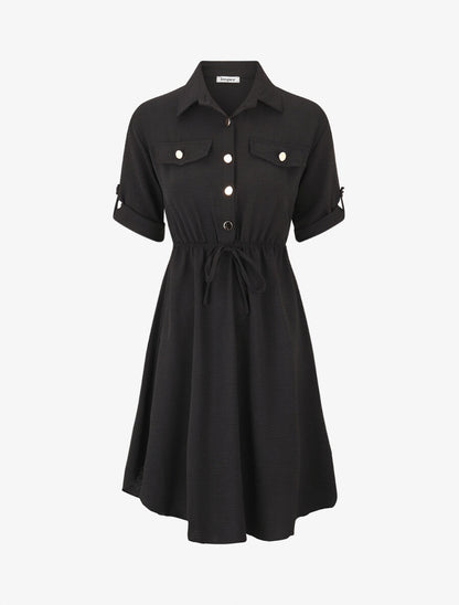 Robe mi-longue unie élastiquée - Noir - 1