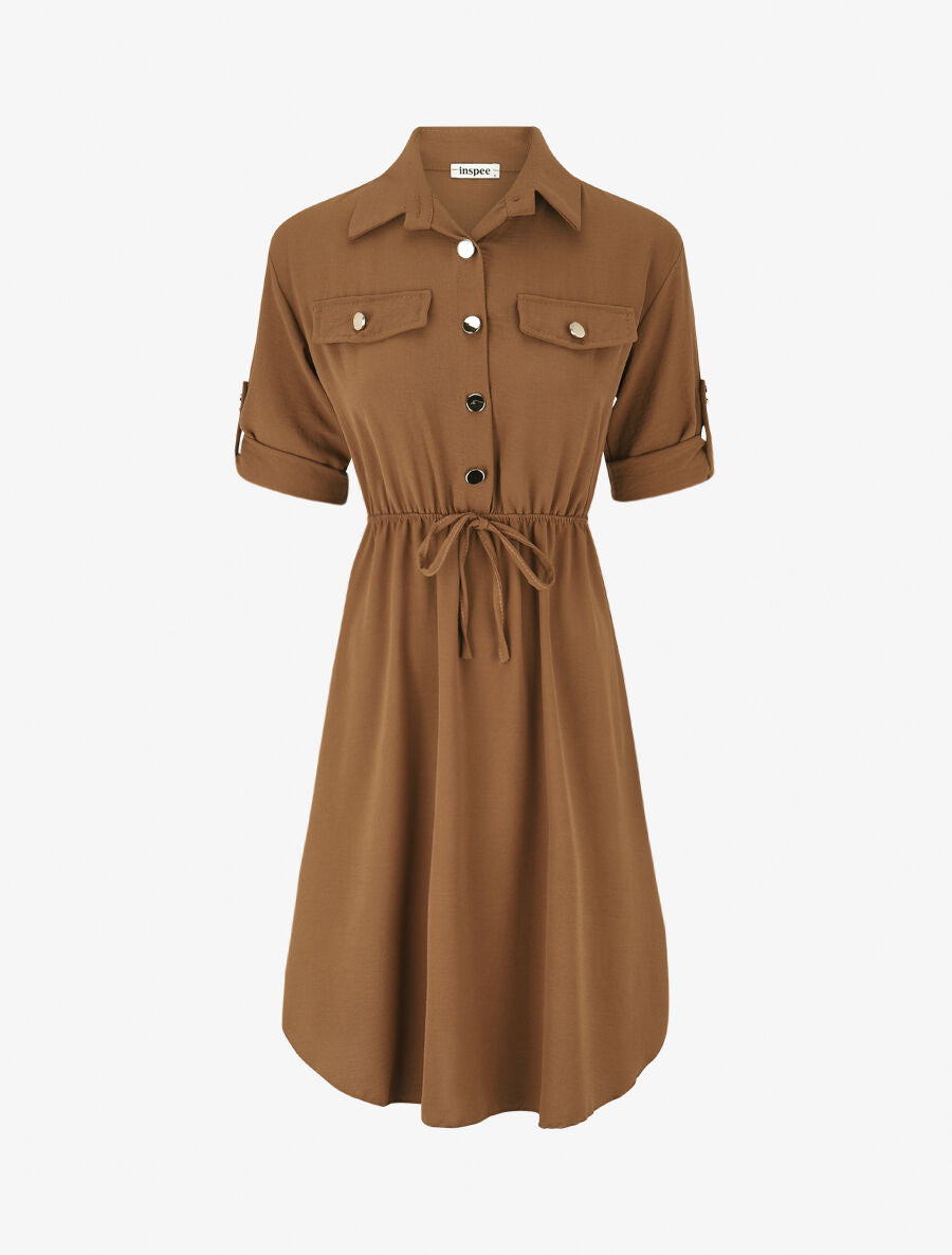 Robe mi-longue unie élastiquée - Camel - 1