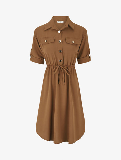 Robe mi-longue unie élastiquée - Camel - 1