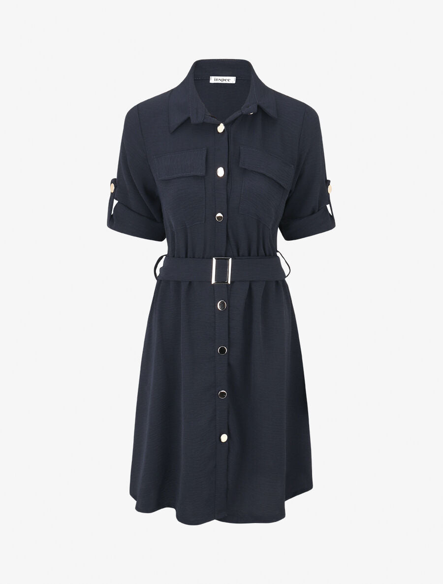 Robe mi-longue unie boutonnée - Marine - 4