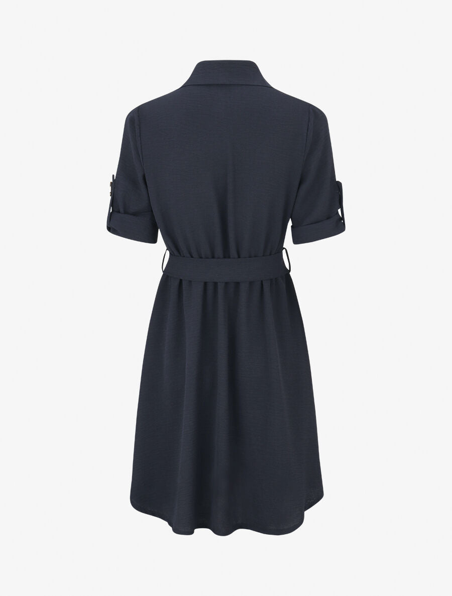 Robe mi-longue unie boutonnée - Marine - 2