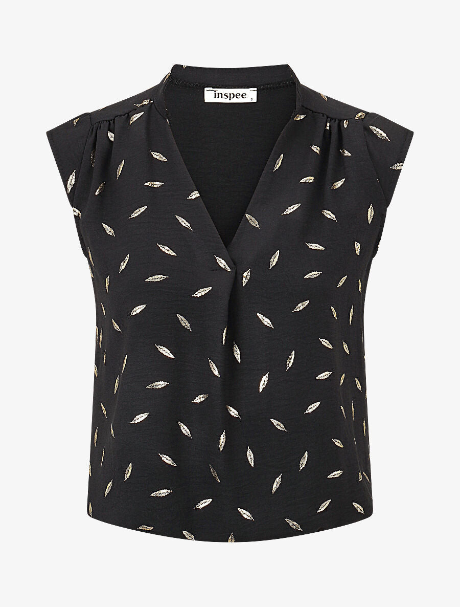 Top sans manches motif plumes dorées - Noir - 1