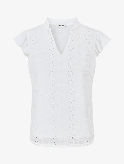 Top droit en broderie anglaise mancherons volantés - Blanc - 4