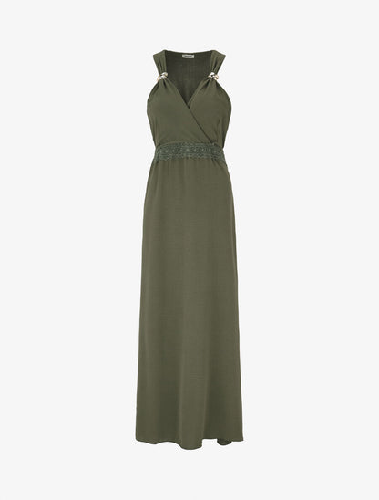 Robe longue fluide à bretelles bijoux - Kaki - 4