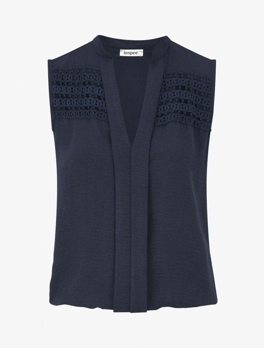 Top droit sans manches empiècements crochet - Marine - 4