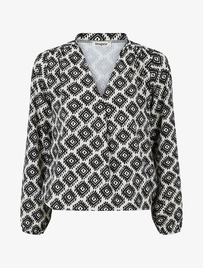 Blouse manches longues imprimé ikat - Noir - 1