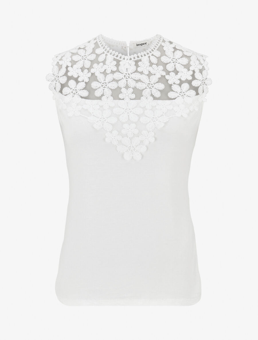 Top sans manches col rond en dentelle - Blanc - 1