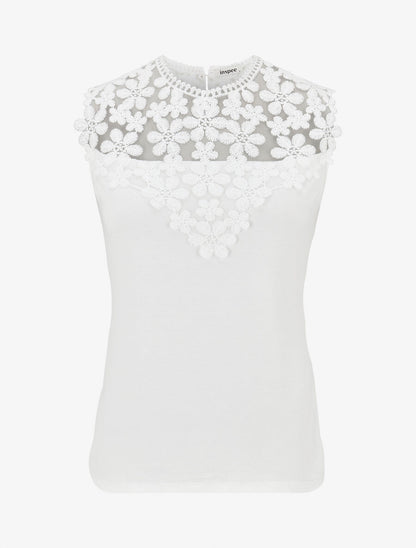 Top sans manches col rond en dentelle - Blanc - 1