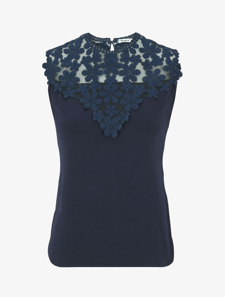 Top sans manches col rond en dentelle - Marine - 4