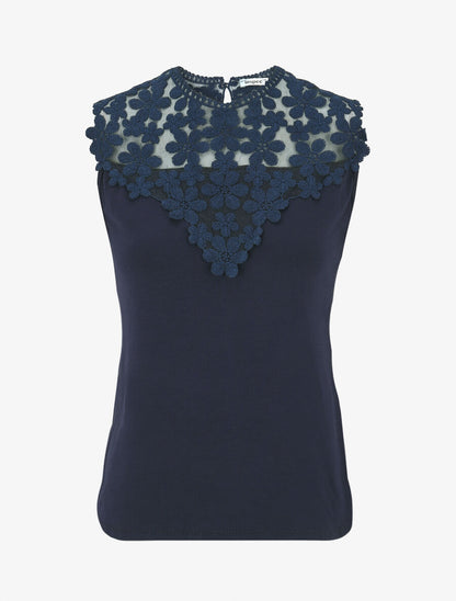 Top sans manches col rond en dentelle - Marine - 4