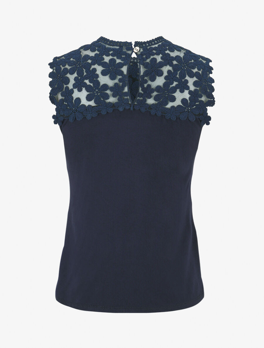 Top sans manches col rond en dentelle - Marine - 2