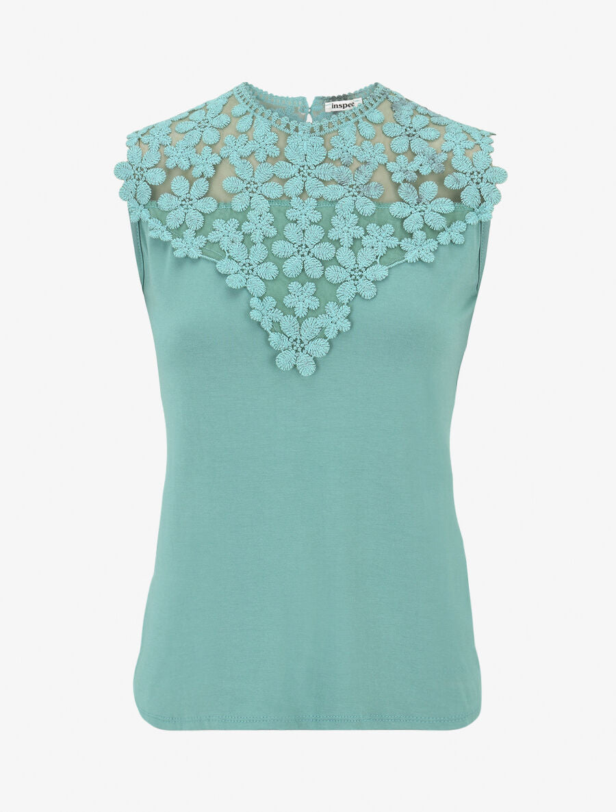 Top sans manches col rond en dentelle - Vert d&