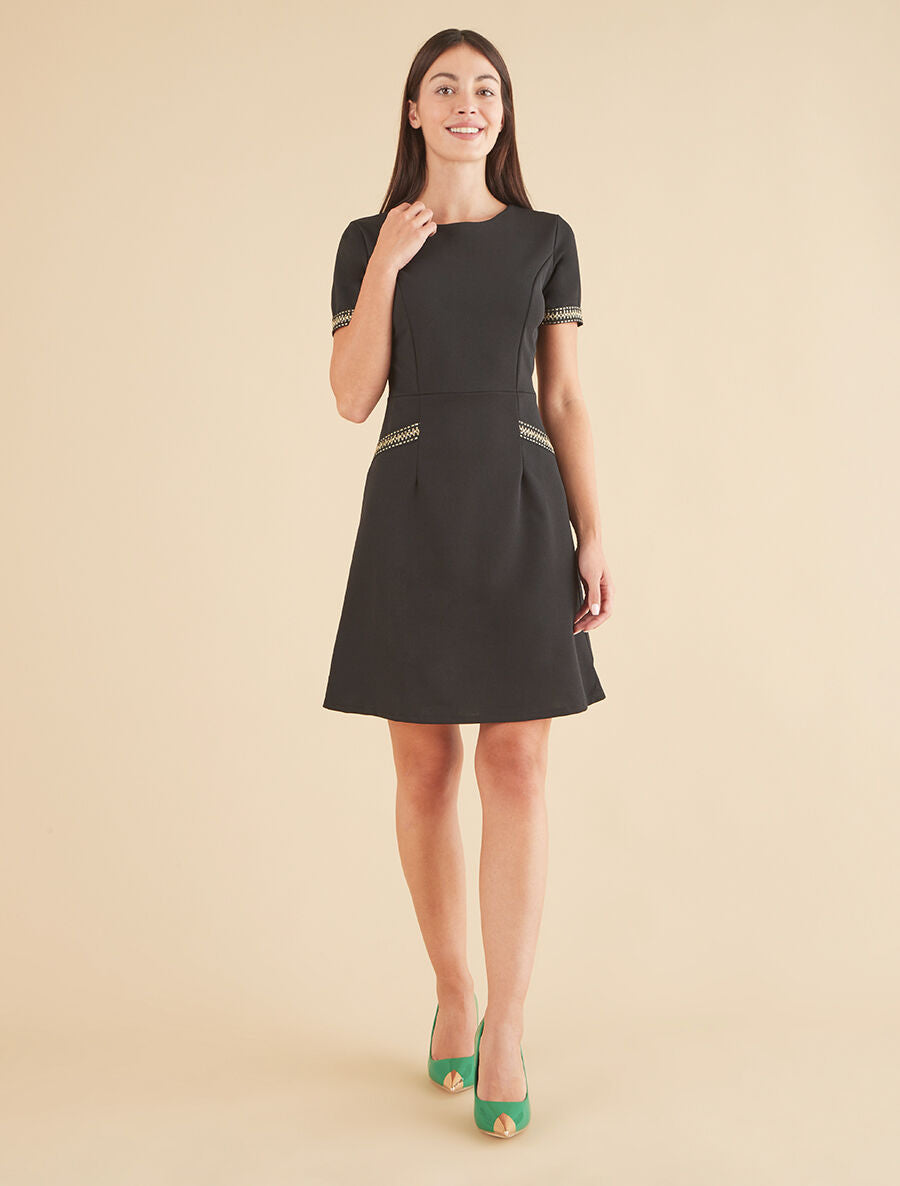 Robe ajustée à broderie dorée - Noir - 4