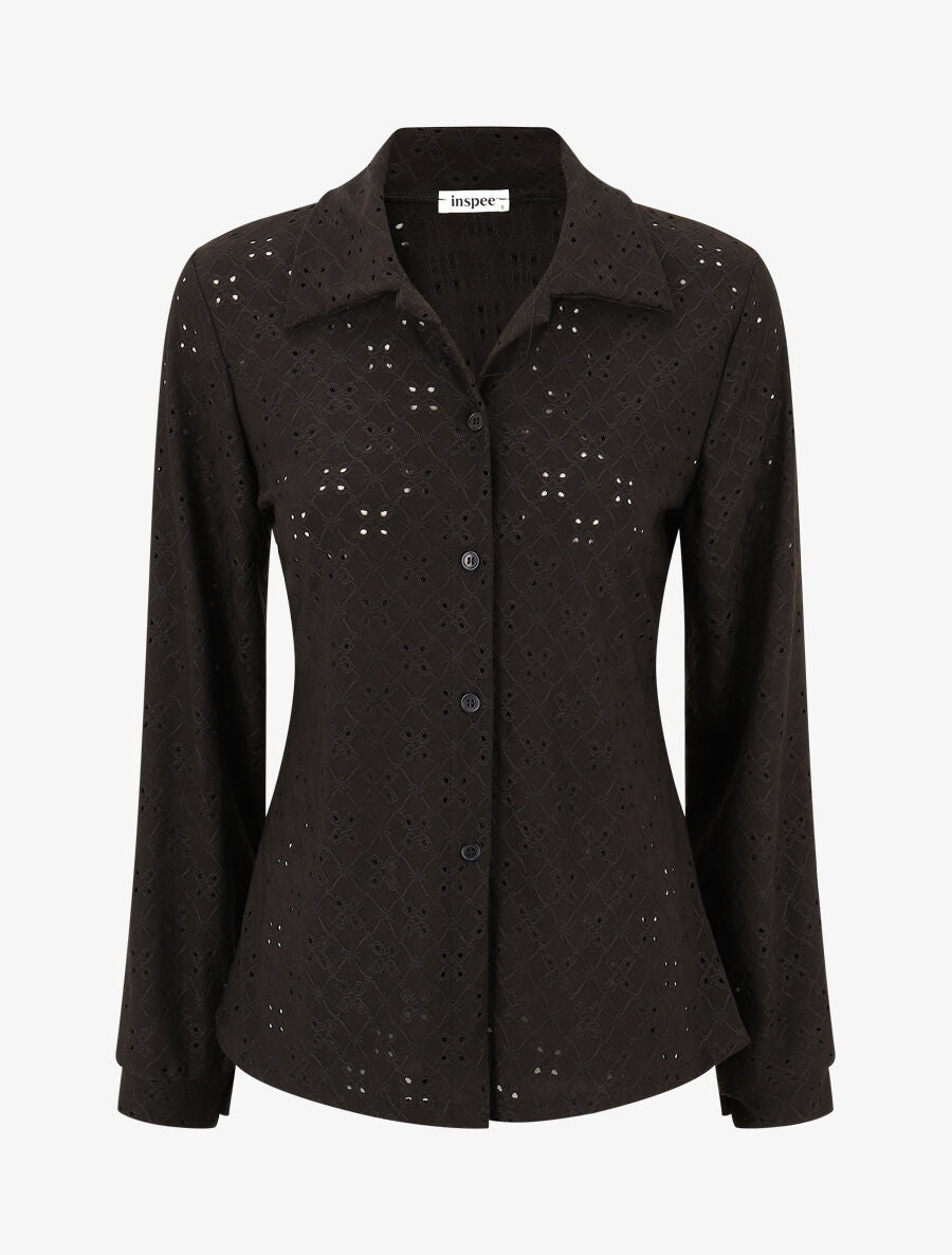 Chemise ajourée à manches longues - Noir - 1