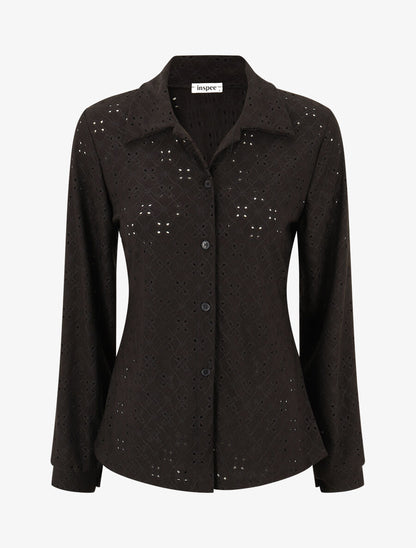 Chemise ajourée à manches longues - Noir - 1