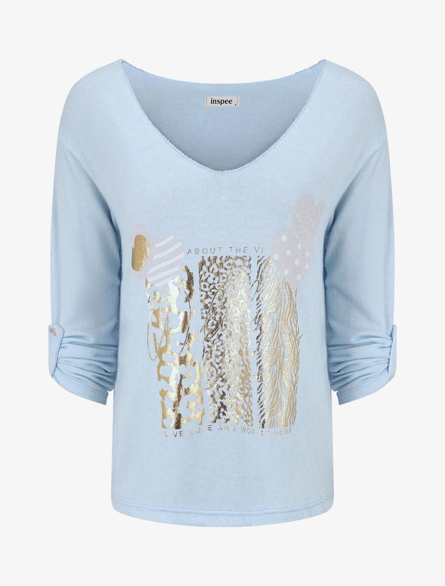 Pull fin à flocage irisé et manches retroussables - Bleu ciel - 4