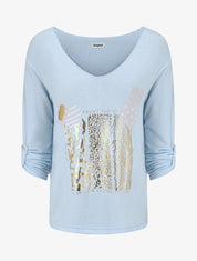 Pull fin à flocage irisé et manches retroussables - Bleu ciel - 4