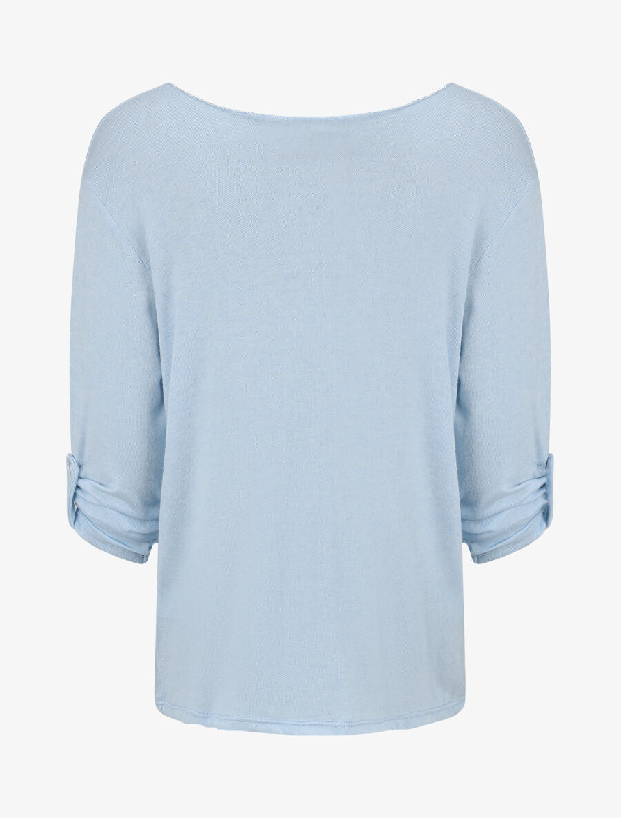 Pull fin à flocage irisé et manches retroussables - Bleu ciel - 2