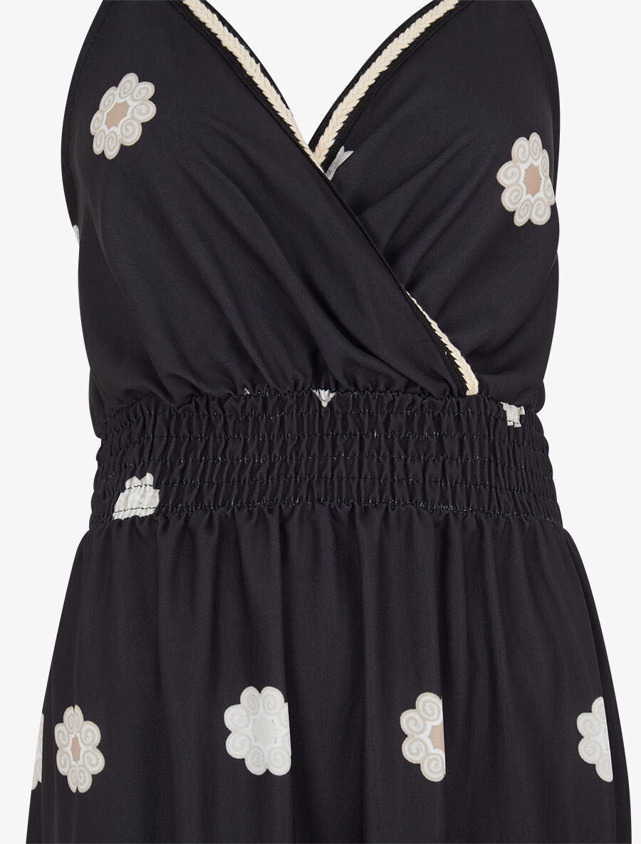 Robe longue fines bretelles et motif floral - Noir - 3