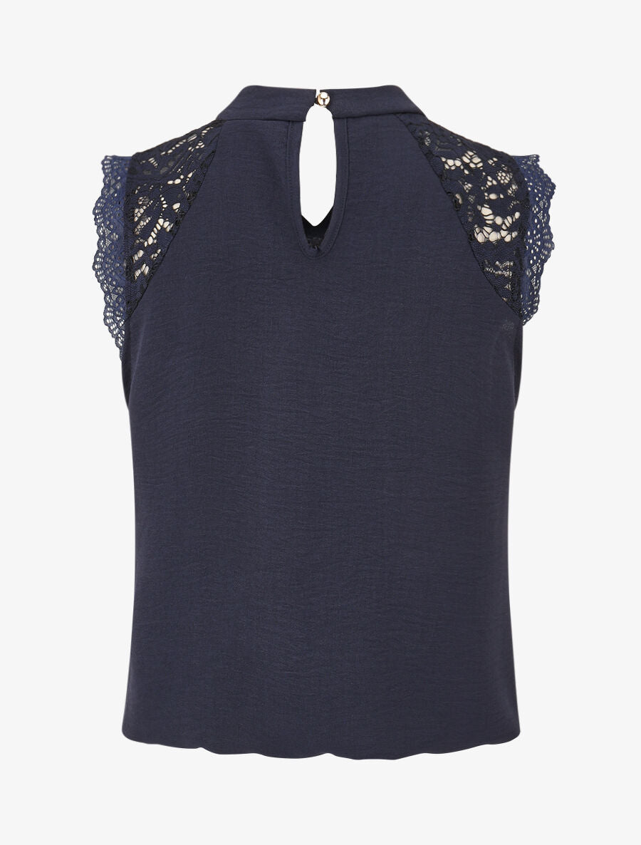 Top sans manches à dentelle et detail plissé - Marine - 2