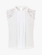 Top sans manches à dentelle et detail plissé - Blanc - 4