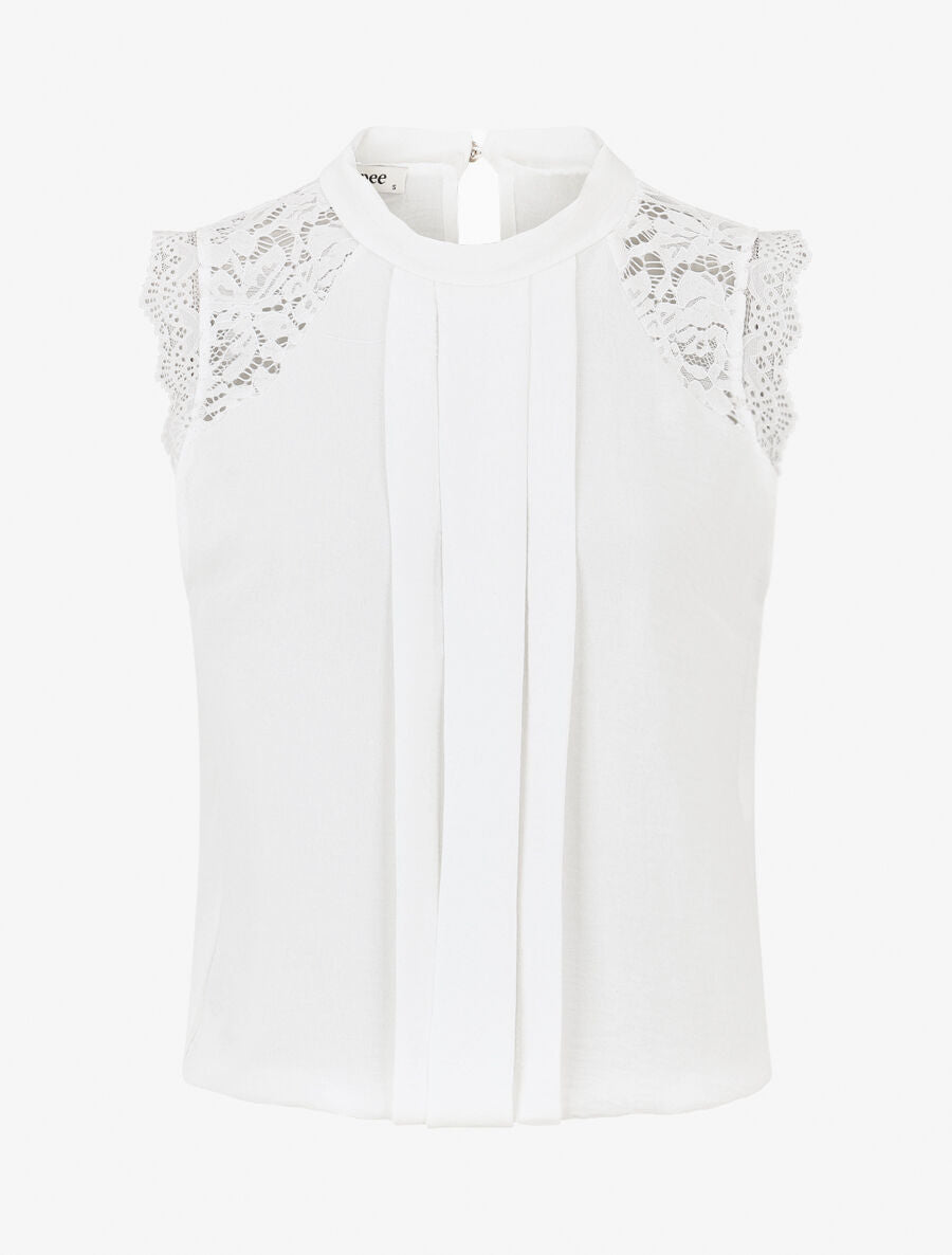 Top sans manches à dentelle et detail plissé - Blanc - 4