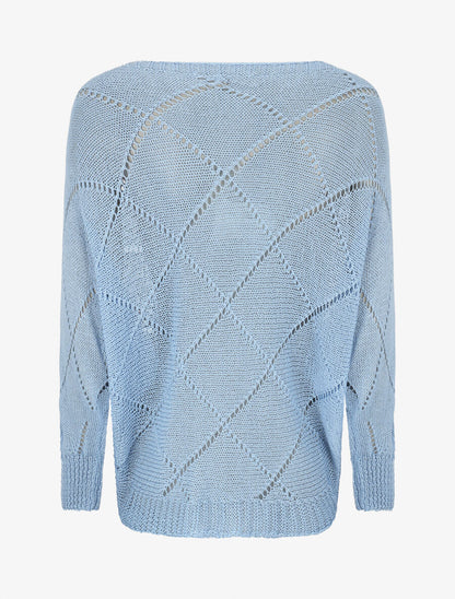 Pull en maille ajourée à motif quadrillé - Bleu - 2