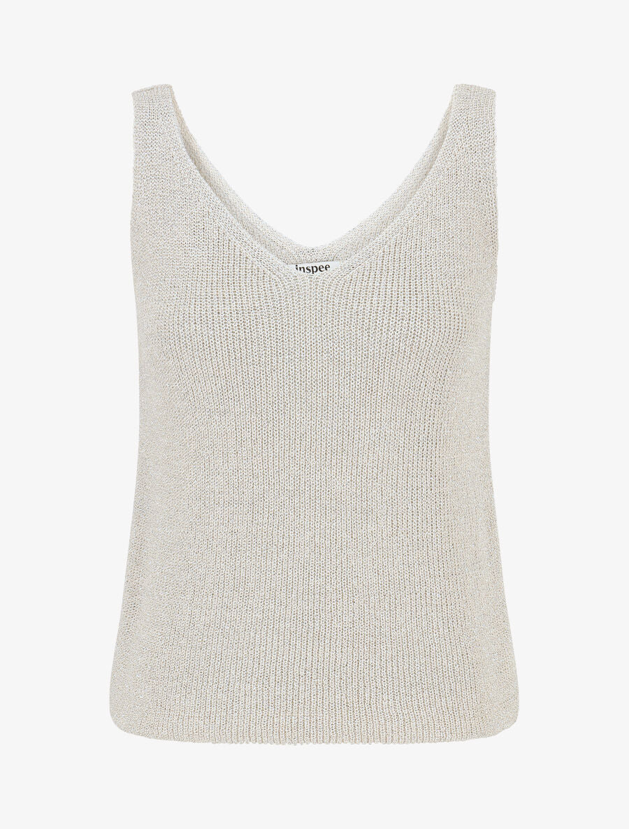 Débardeur côtelé en maille à détail irisé - Beige - 1