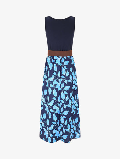 Robe bicolore imprimé feuillage - Marine - 2