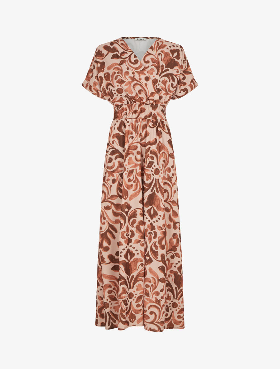 Robe longue manches courtes imprimé graphique - Marron - 4