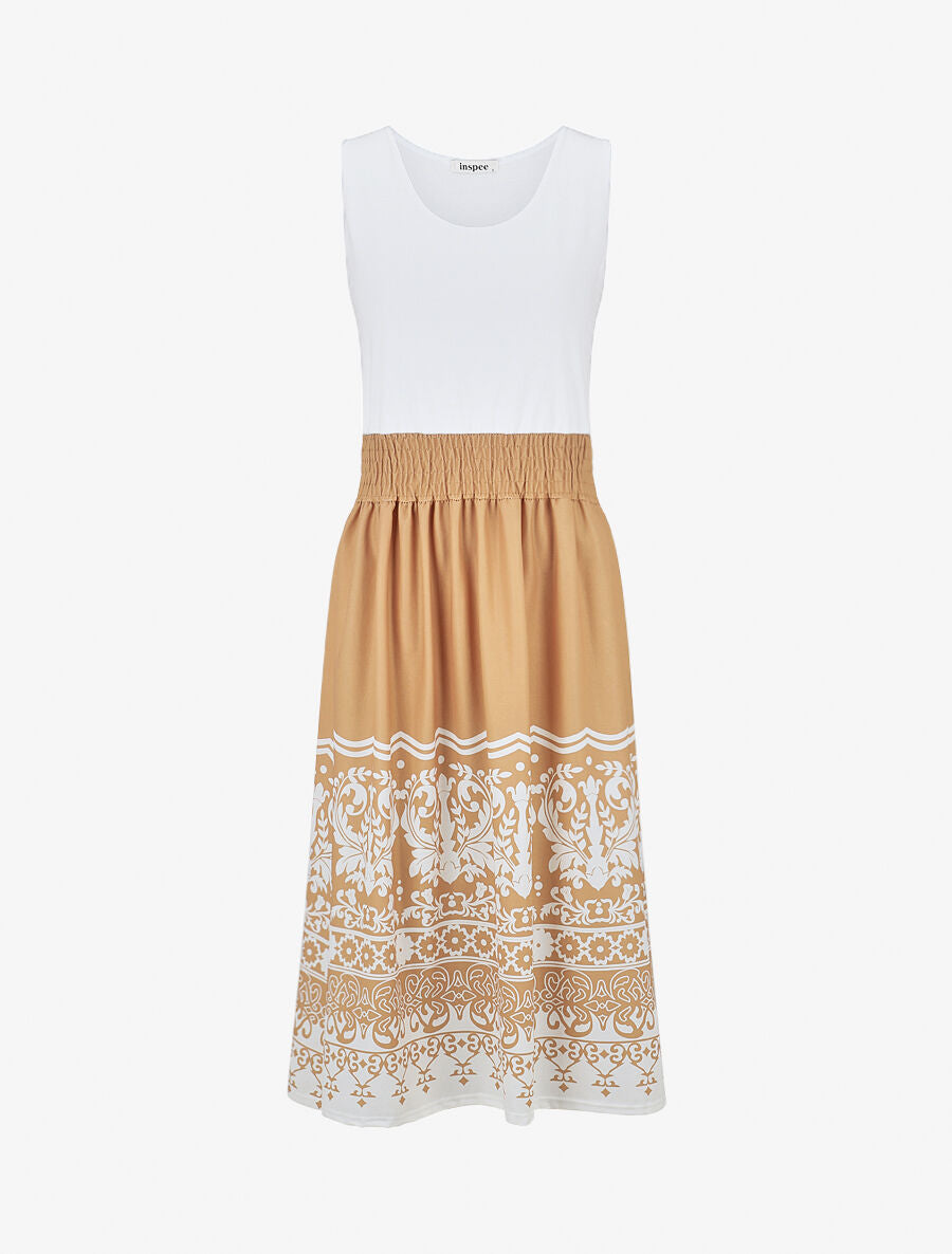 Robe midi évasée sans manches imprimé floral - Beige - 1