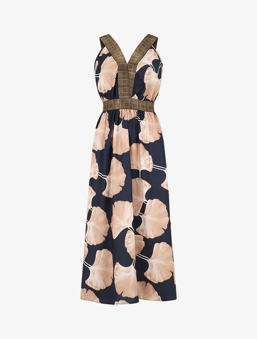 Robe longue à détail irisées et imprimé floral - Marine - 4