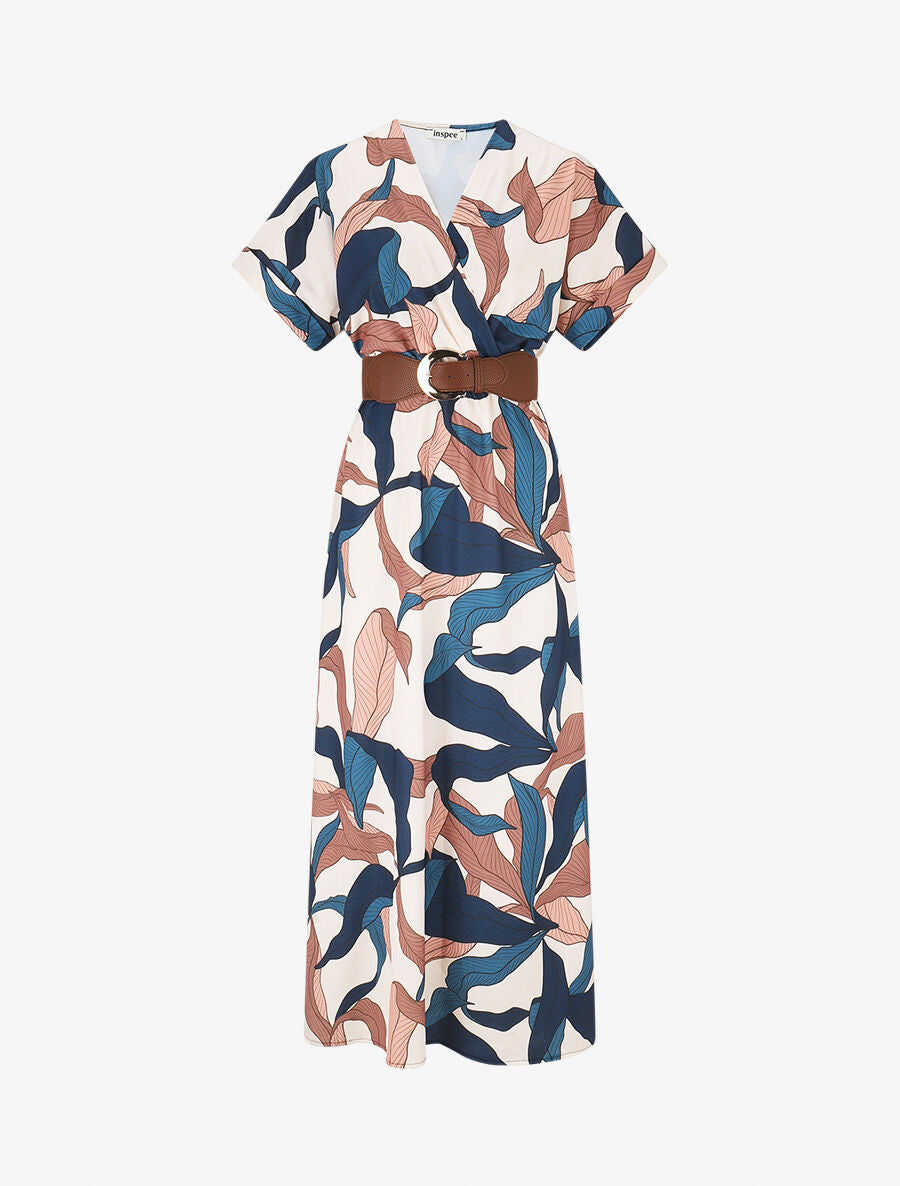 Robe longue à cache-coeur imprimé feuillage - Marine - 6