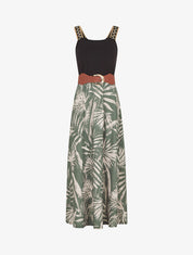 Robe longue à bretelles brodées imprimé tropical - Kaki - 1