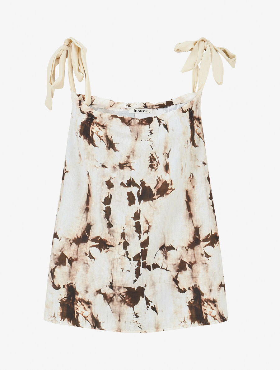 Top droit imprimé marbré à bretelles à nouer - Beige - 1