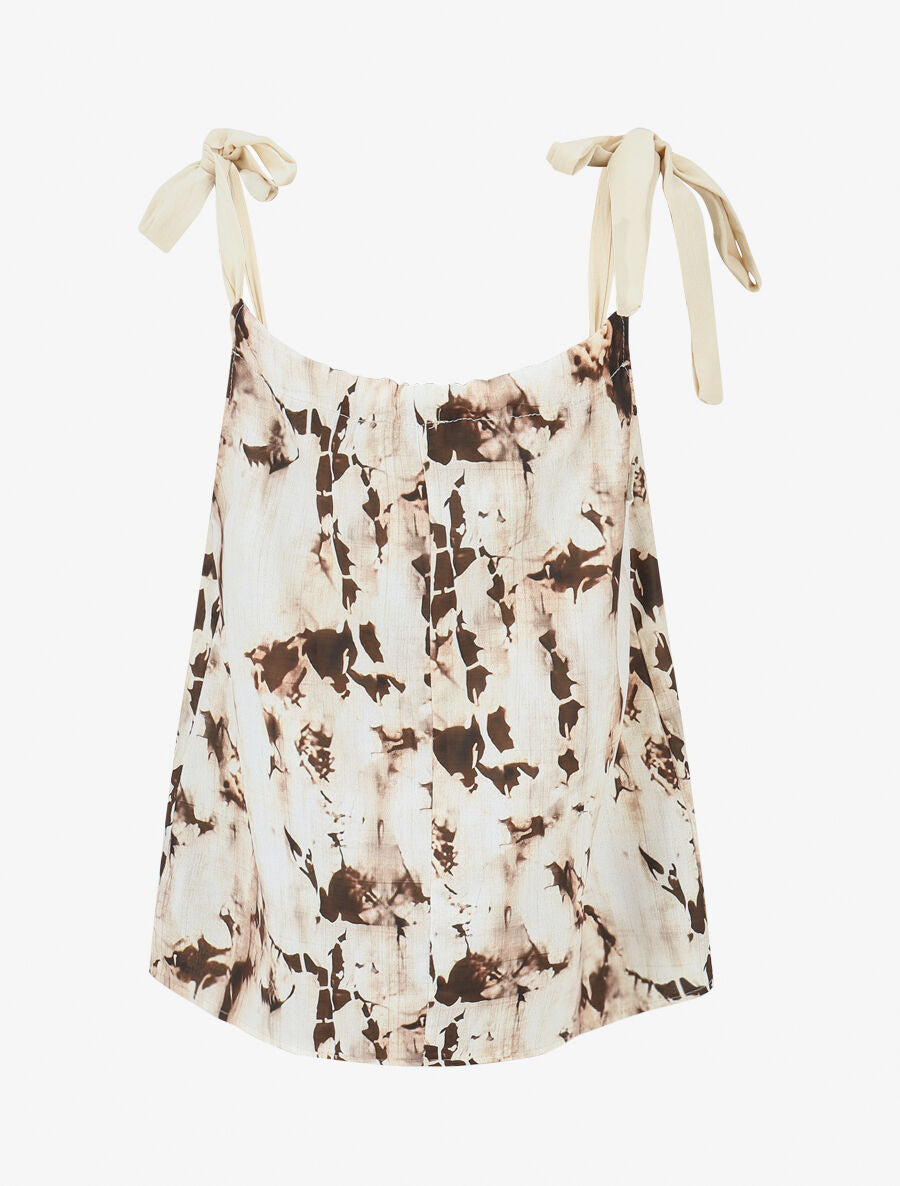 Top droit imprimé marbré à bretelles à nouer - Beige - 2