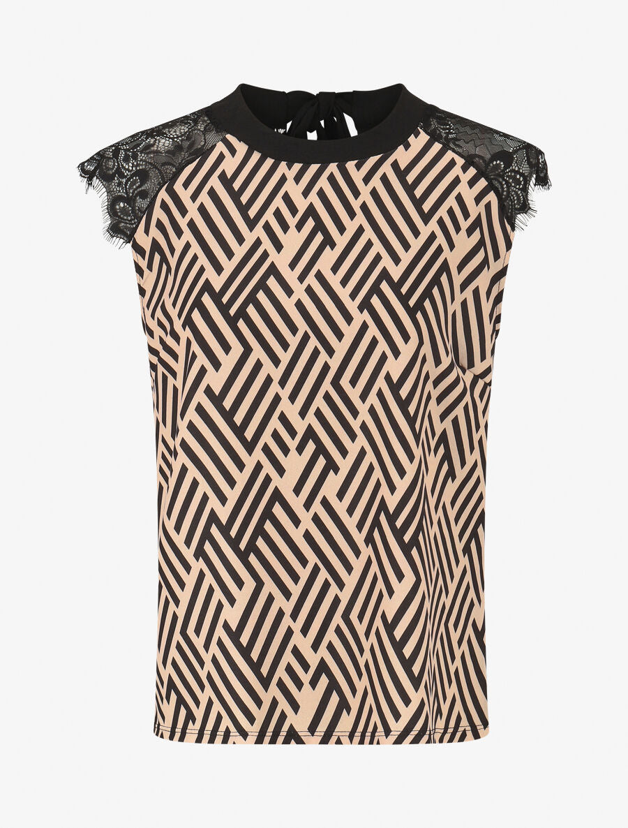 Top imprimé graphique à manches courtes en dentelle - Beige - 4