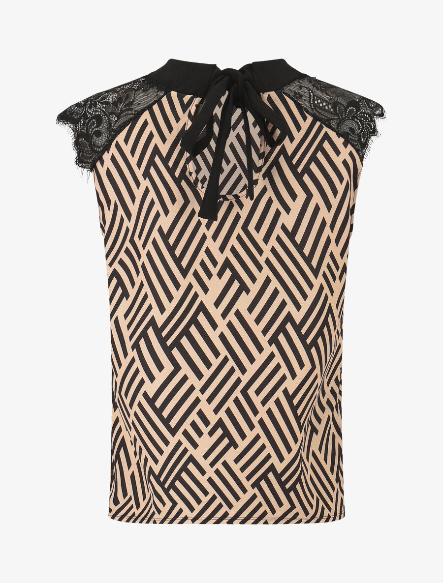 Top imprimé graphique à manches courtes en dentelle - Beige - 2