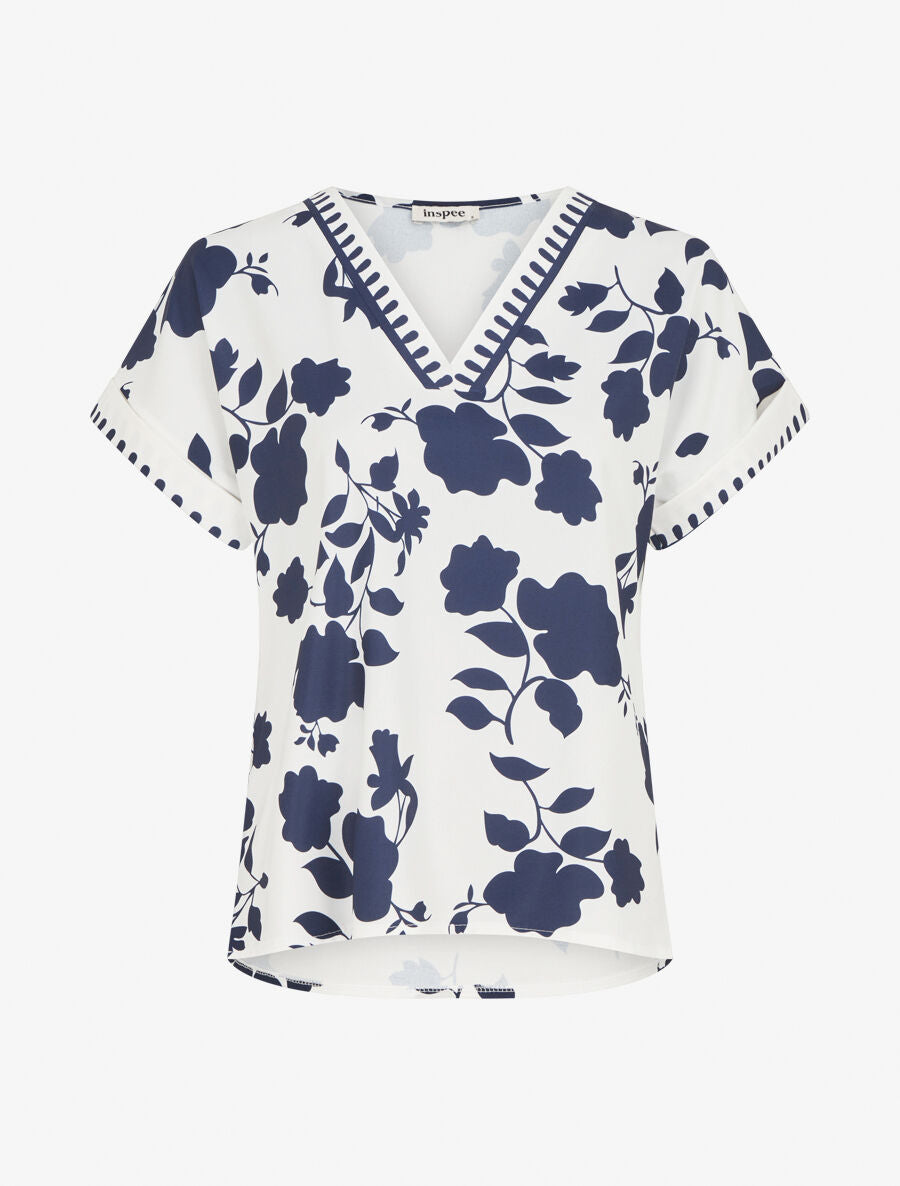 Blouse imprimé floral à col V - Marine - 1
