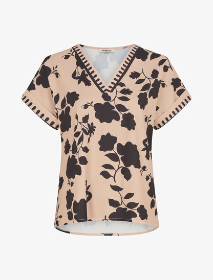 Blouse imprimé floral à col V - Beige - 4